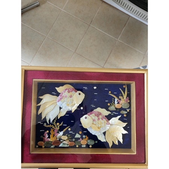 Other - Exquisite Japanese Mother of Pearl Seashell Goldfish Art Framed Handmade 16X12in